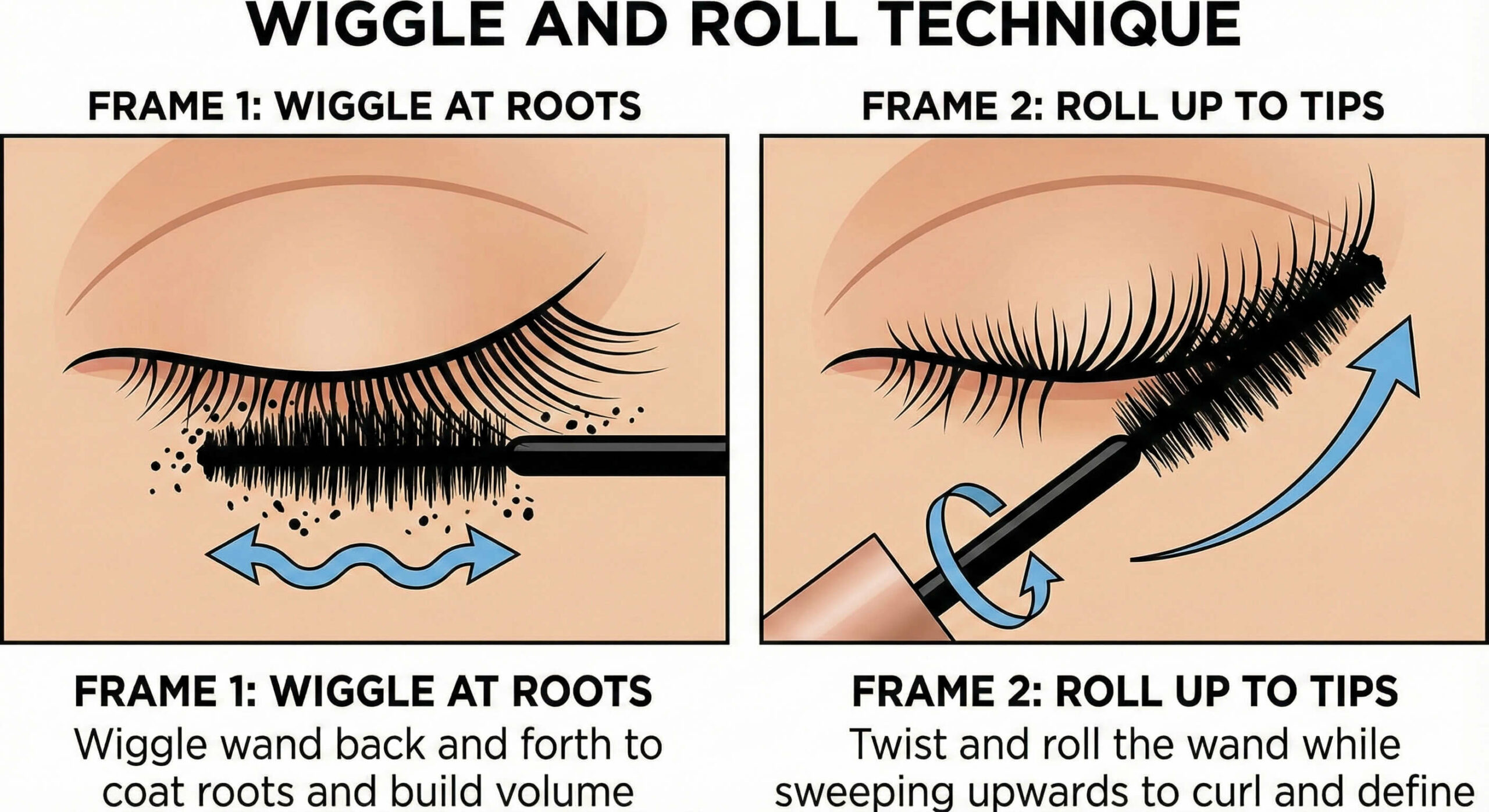 A step-by-step illustration of the "Wiggle and Roll" technique. Frame 1 shows the wand at the root (Wiggle), and Frame 2 shows the wand twisting up to the tips (Roll).
