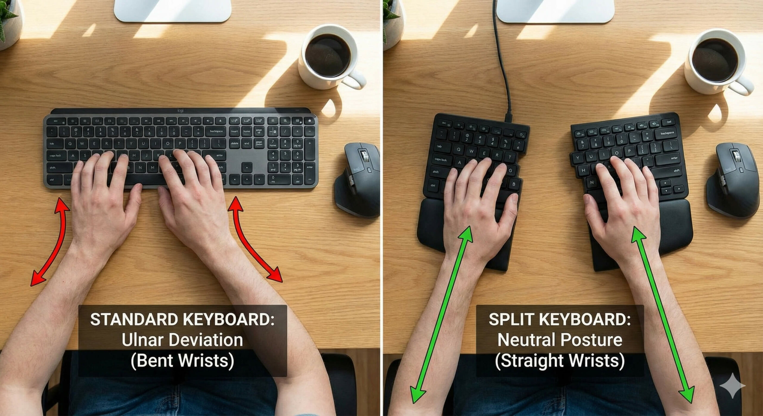 An overhead shot comparing a standard keyboard (forcing wrists to bend outward/ulnar deviation) vs. a Split Keyboard (allowing wrists to stay straight in line with the forearm).