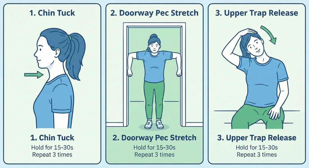 A 3-panel illustration demonstrating the stretches. Frame 1: "Chin Tuck." Frame 2: "Doorway Pec Stretch." Frame 3: "Upper Trap Release.