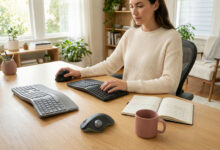 a woman in a bright home office testing various ergonomic mice and keyboards designed to prevent wrist pain, surrounded by decor