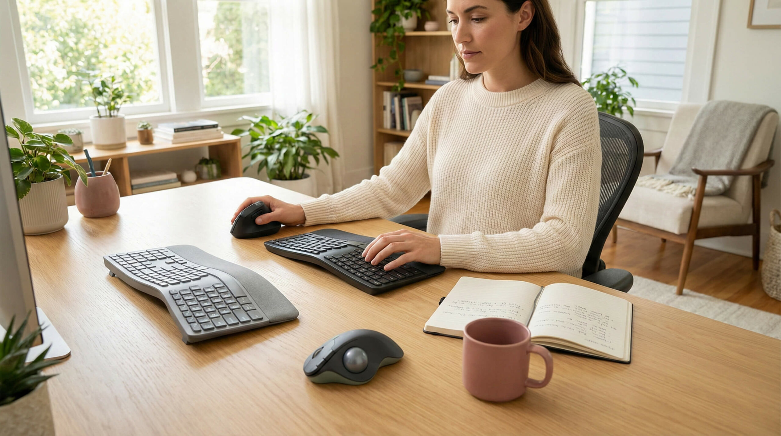 a woman in a bright home office testing various ergonomic mice and keyboards designed to prevent wrist pain, surrounded by decor