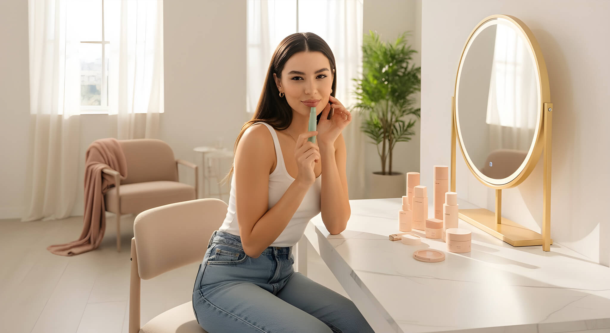A radiant young woman with a knowing smile holds a K-Beauty lip product in a bright, modern room.
