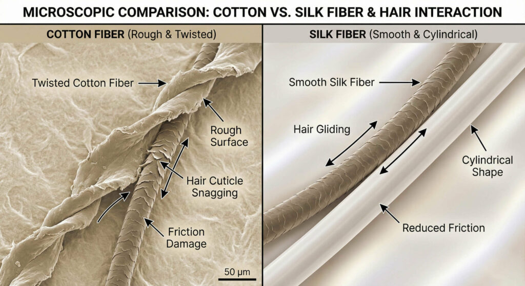 A microscopic comparison Cotton Fiber vs. Silk Fiber