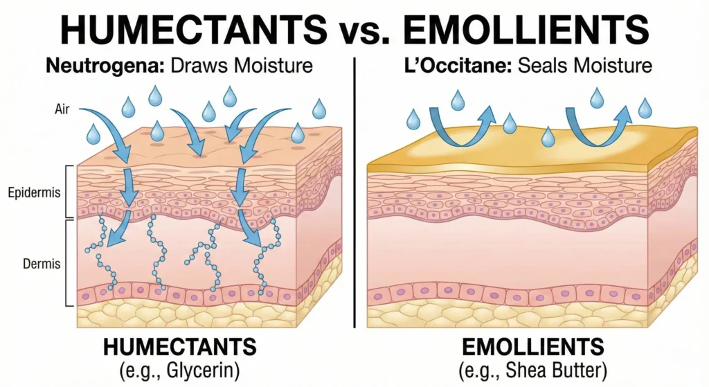 A split diagram illustrating Humectants vs. Emollients.