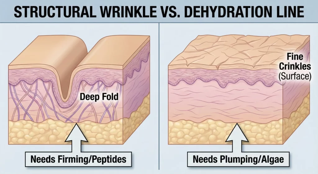 A visual comparison Structural Wrinkle vs. Dehydration Line.