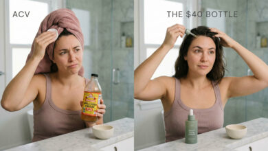 A split-panel photograph comparing a woman using apple cider vinegar versus a specialized serum dropper for scalp treatment