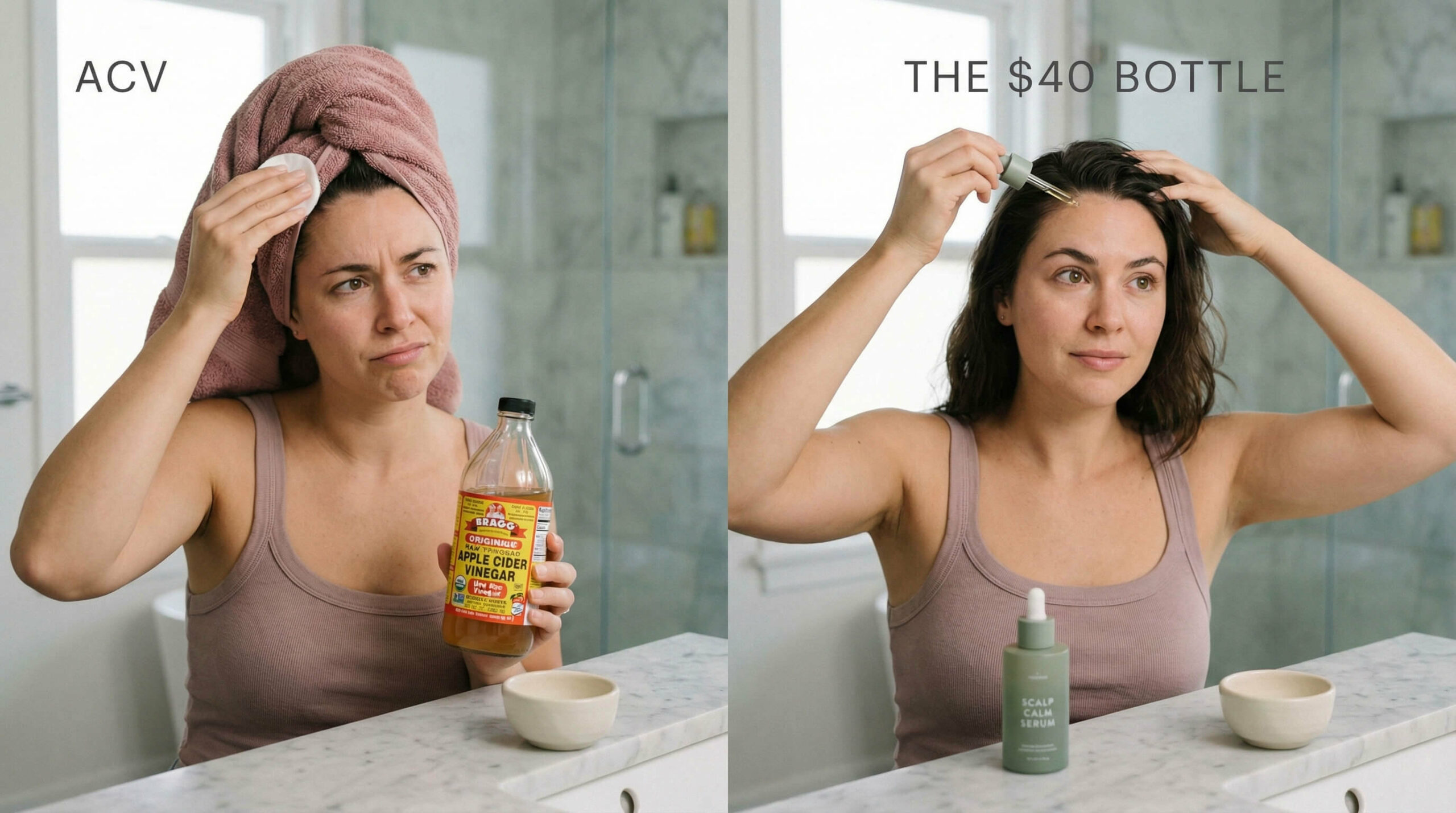 A split-panel photograph comparing a woman using apple cider vinegar versus a specialized serum dropper for scalp treatment
