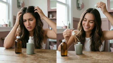 a woman with a distressed expression scratching her itchy scalp next to two unbranded bottles, contrasted with her smiling happily while applying a scalp relief serum from the sage green dropper bottle.