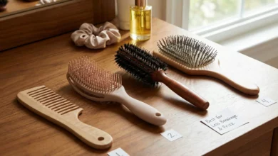 A woman with smooth, shiny hair gently using a high-quality detangling brush to prevent breakage and frizz