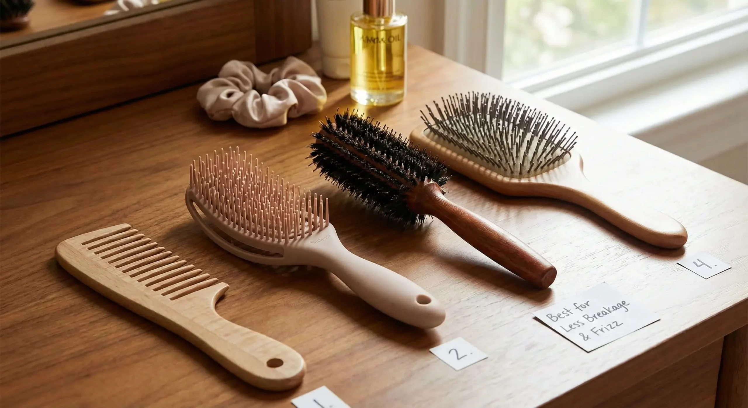 A woman with smooth, shiny hair gently using a high-quality detangling brush to prevent breakage and frizz
