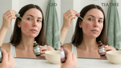 A split-screen comparison photograph showing a woman with visible facial redness applying CBD Facial Oil on the left panel and Tea Tree Oil on the right panel to test their effectiveness against inflammation.
