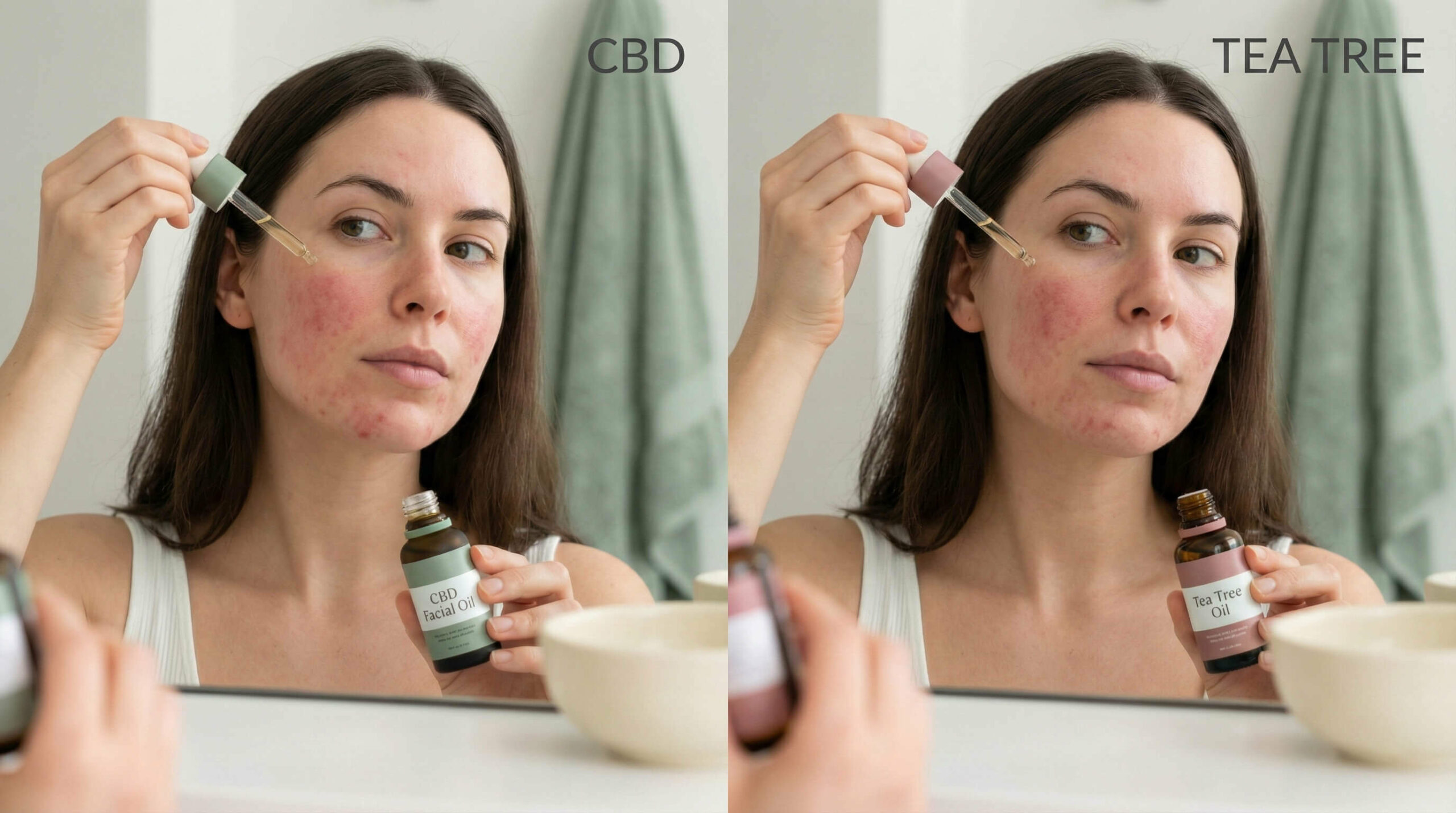 A split-screen comparison photograph showing a woman with visible facial redness applying CBD Facial Oil on the left panel and Tea Tree Oil on the right panel to test their effectiveness against inflammation.
