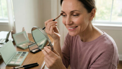 Smiling mature woman over 40 applying metallic eyeshadow with a brush.