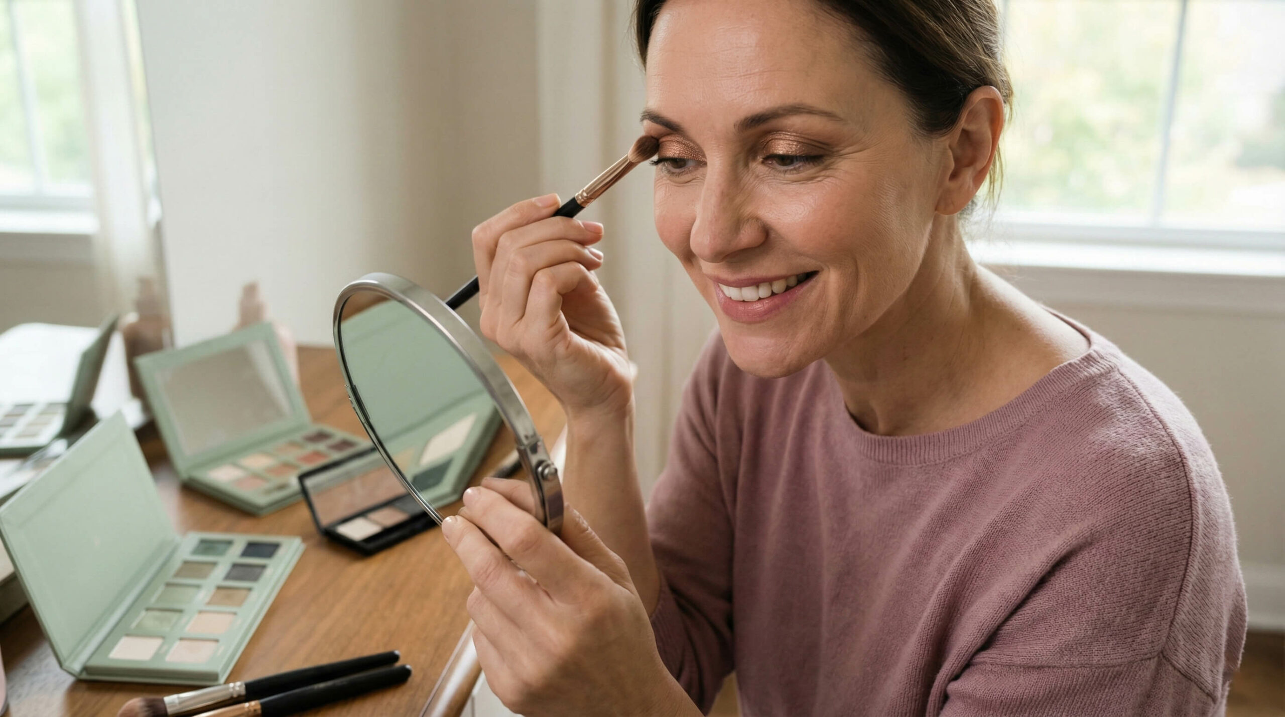Smiling mature woman over 40 applying metallic eyeshadow with a brush.