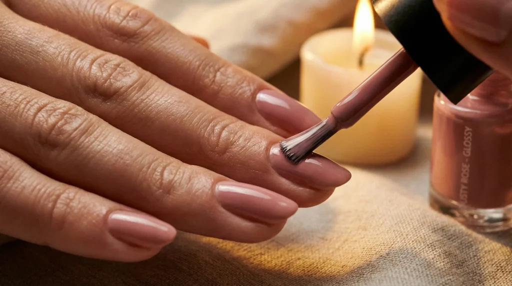 Close Up Of Hand Applying Nail Polish With Detailed Brush Stroke