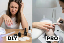 A split-screen comparison showing a frustrated woman struggling with a DIY at-home gel manicure kit versus a professional nail technician precisely applying gel polish in a salon