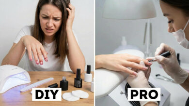 A split-screen comparison showing a frustrated woman struggling with a DIY at-home gel manicure kit versus a professional nail technician precisely applying gel polish in a salon