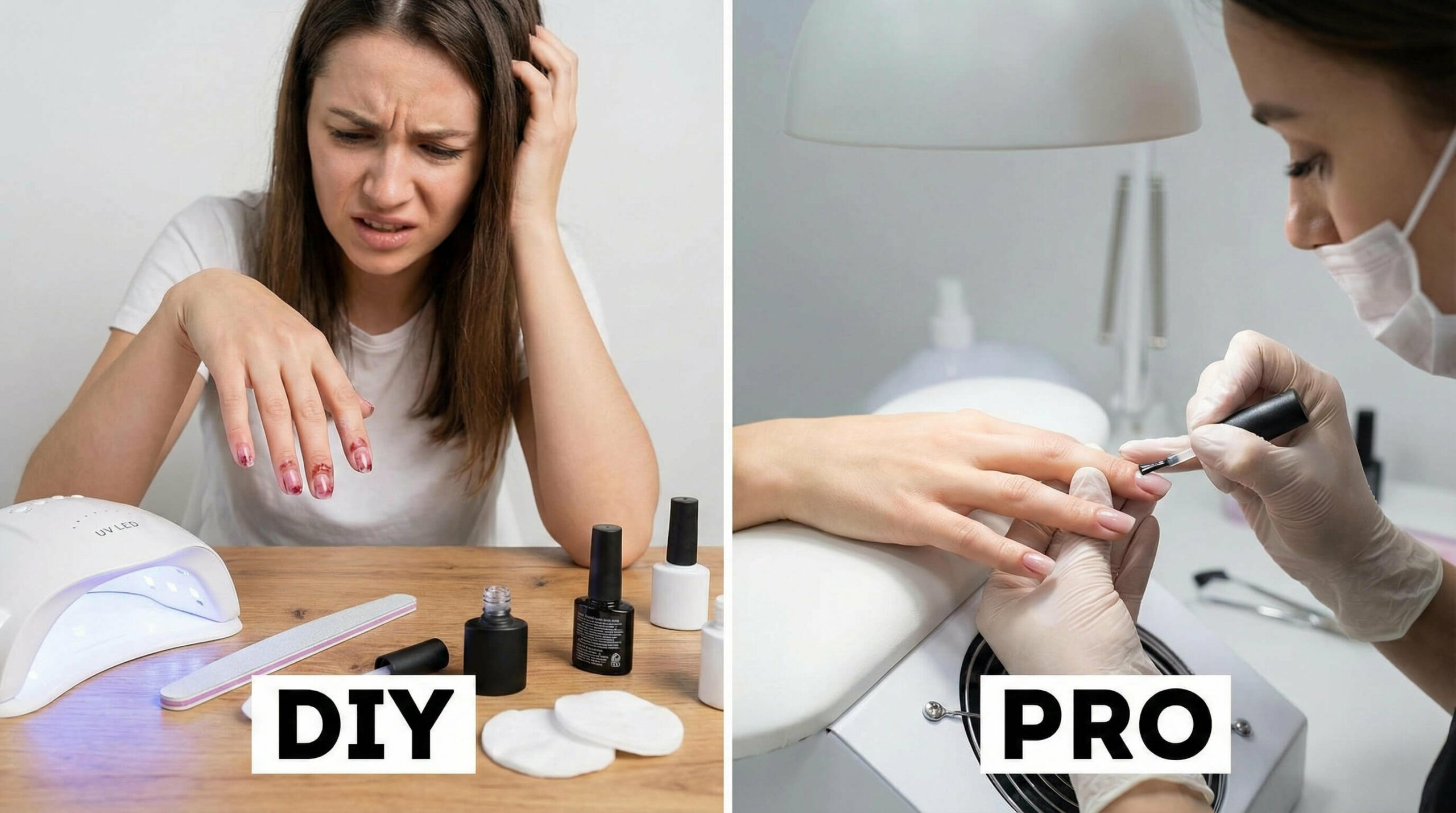 A split-screen comparison showing a frustrated woman struggling with a DIY at-home gel manicure kit versus a professional nail technician precisely applying gel polish in a salon