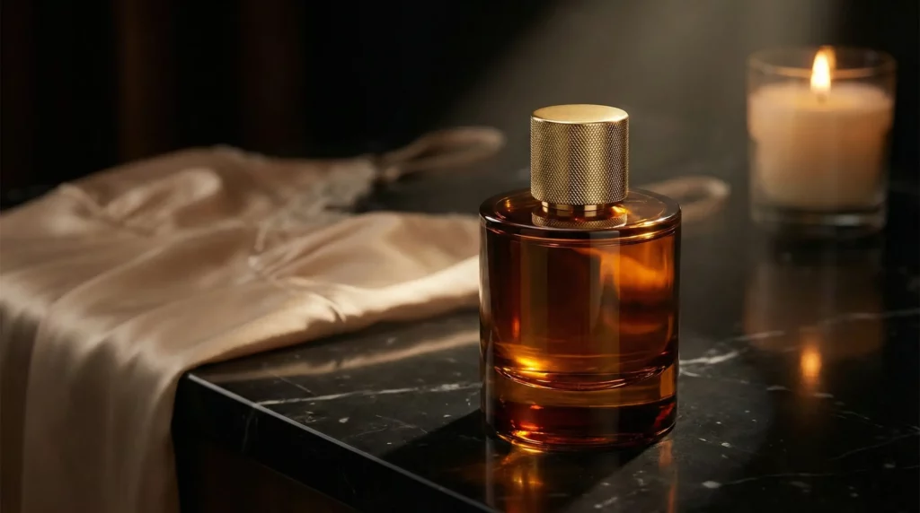 Deep Amber Perfume Bottle On Dark Reflective Vanity