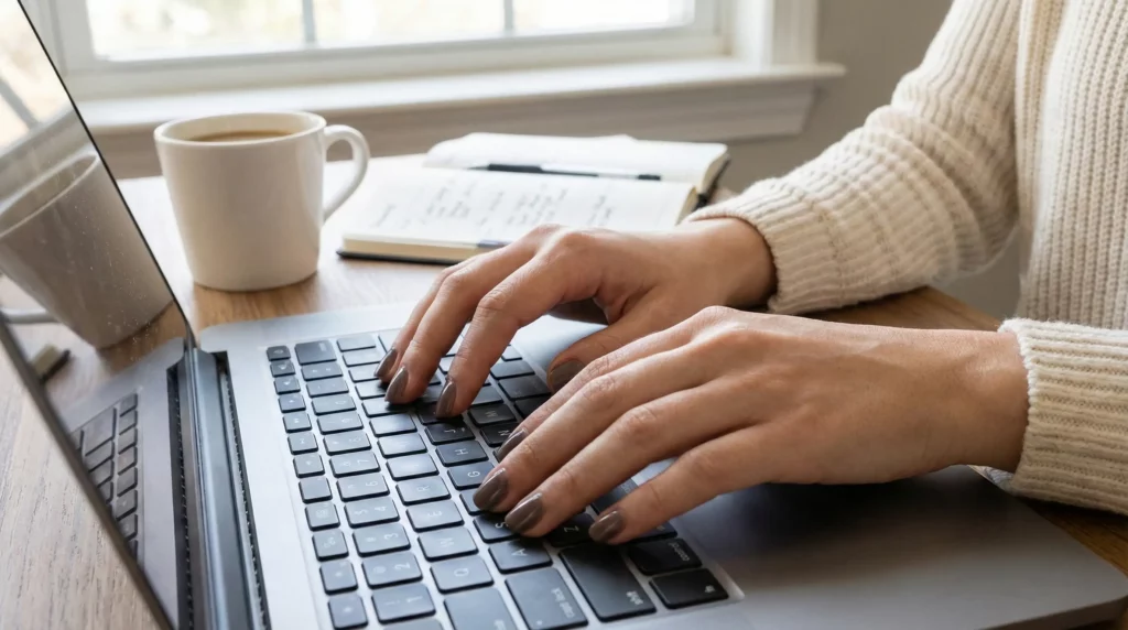 Elegant Manicured Hands Typing On A Modern Laptop Keyboard