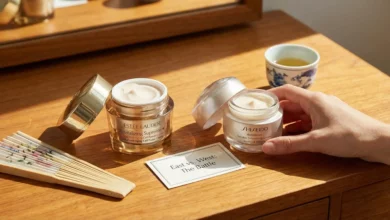 A comparison of open jars of Estée Lauder Revitalizing Supreme+ and Shiseido Benefiance creams on a wooden vanity with cultural props.