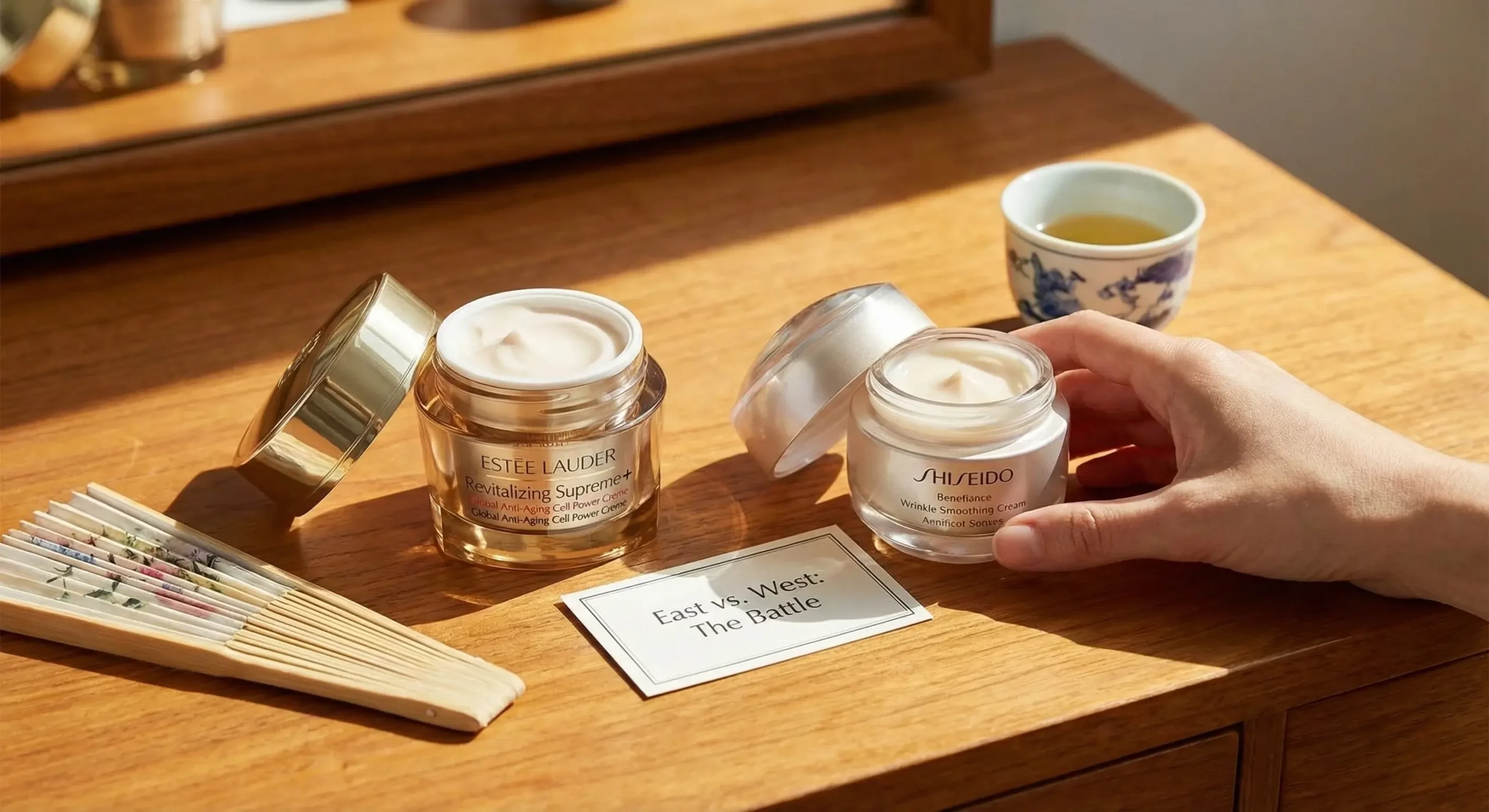 A comparison of open jars of Estée Lauder Revitalizing Supreme+ and Shiseido Benefiance creams on a wooden vanity with cultural props.