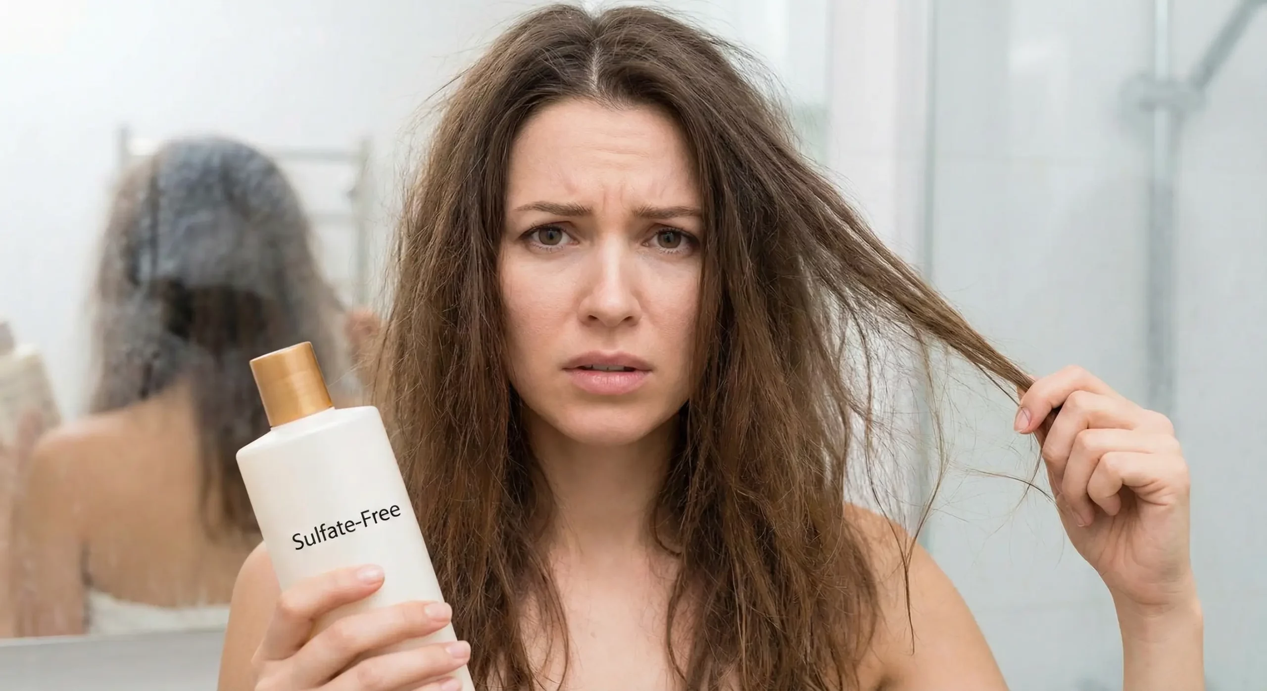 A distressed woman with dry, frizzy hair holding a bottle of 'Sulfate-Free' shampoo in a bathroom