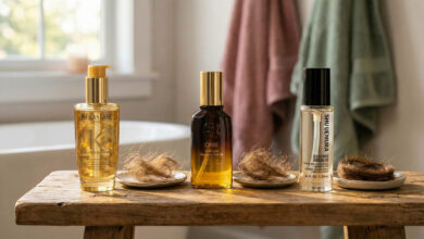 A side-by-side comparison photo of Kérastase, Oribe, and Shu Uemura hair oils tested on samples of frizzy hair