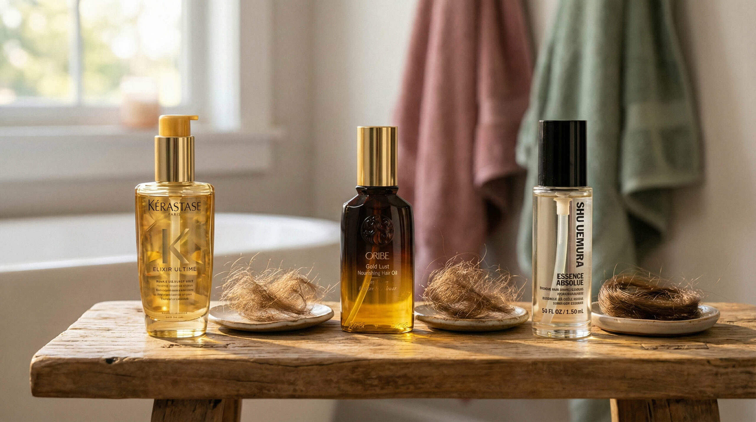 A side-by-side comparison photo of Kérastase, Oribe, and Shu Uemura hair oils tested on samples of frizzy hair