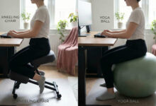 Split-screen comparison of a woman testing a kneeling chair versus a yoga ball for improving office posture
