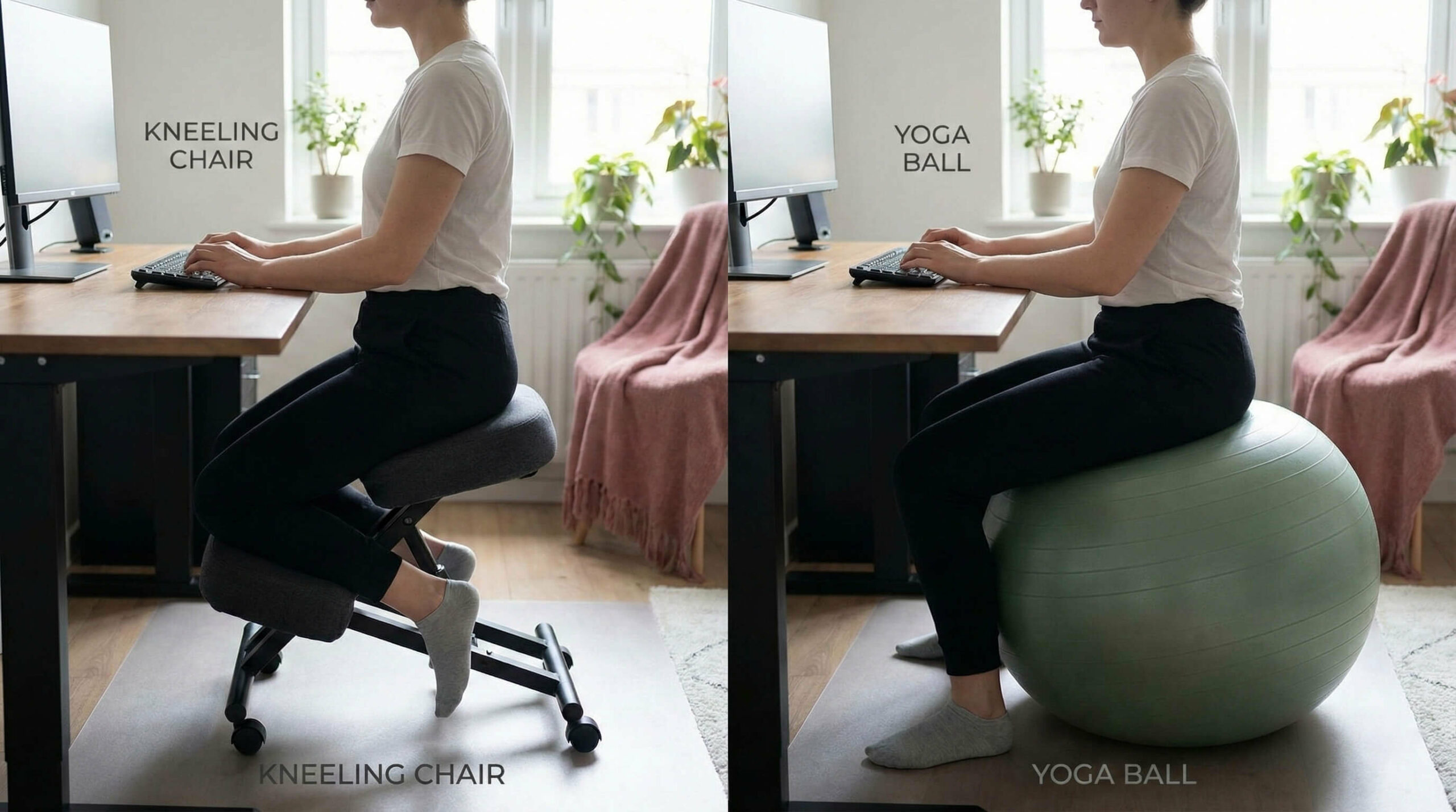 Split-screen comparison of a woman testing a kneeling chair versus a yoga ball for improving office posture
