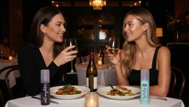 Two women at a dinner date showcasing contrasting matte and dewy makeup looks alongside Urban Decay setting sprays
