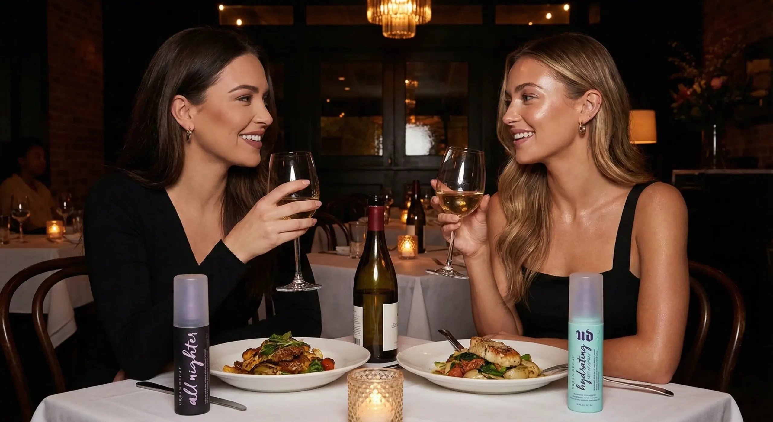Two women at a dinner date showcasing contrasting matte and dewy makeup looks alongside Urban Decay setting sprays