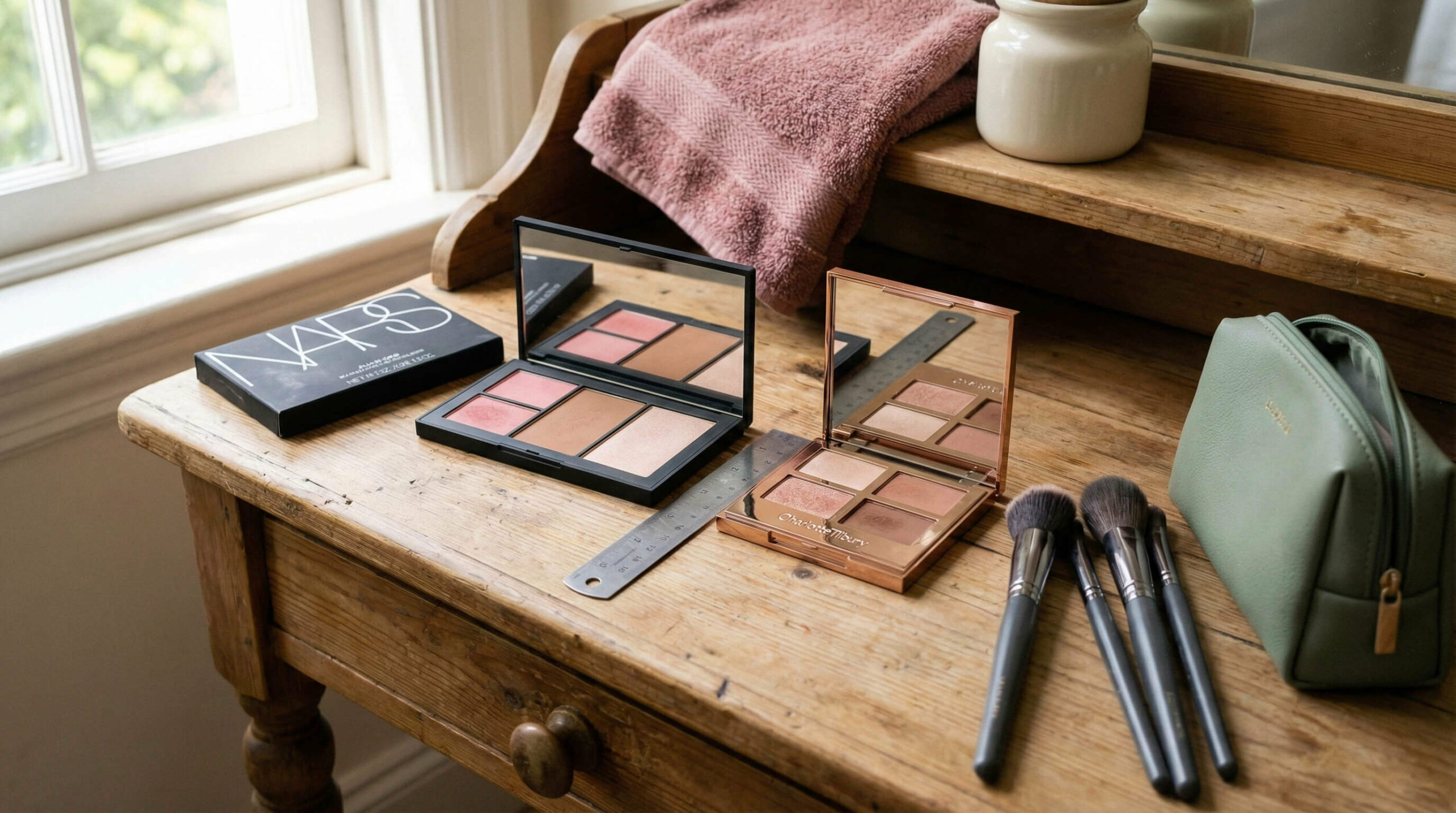 Size comparison of open NARS and Charlotte Tilbury makeup palettes using a ruler on a wooden vanity