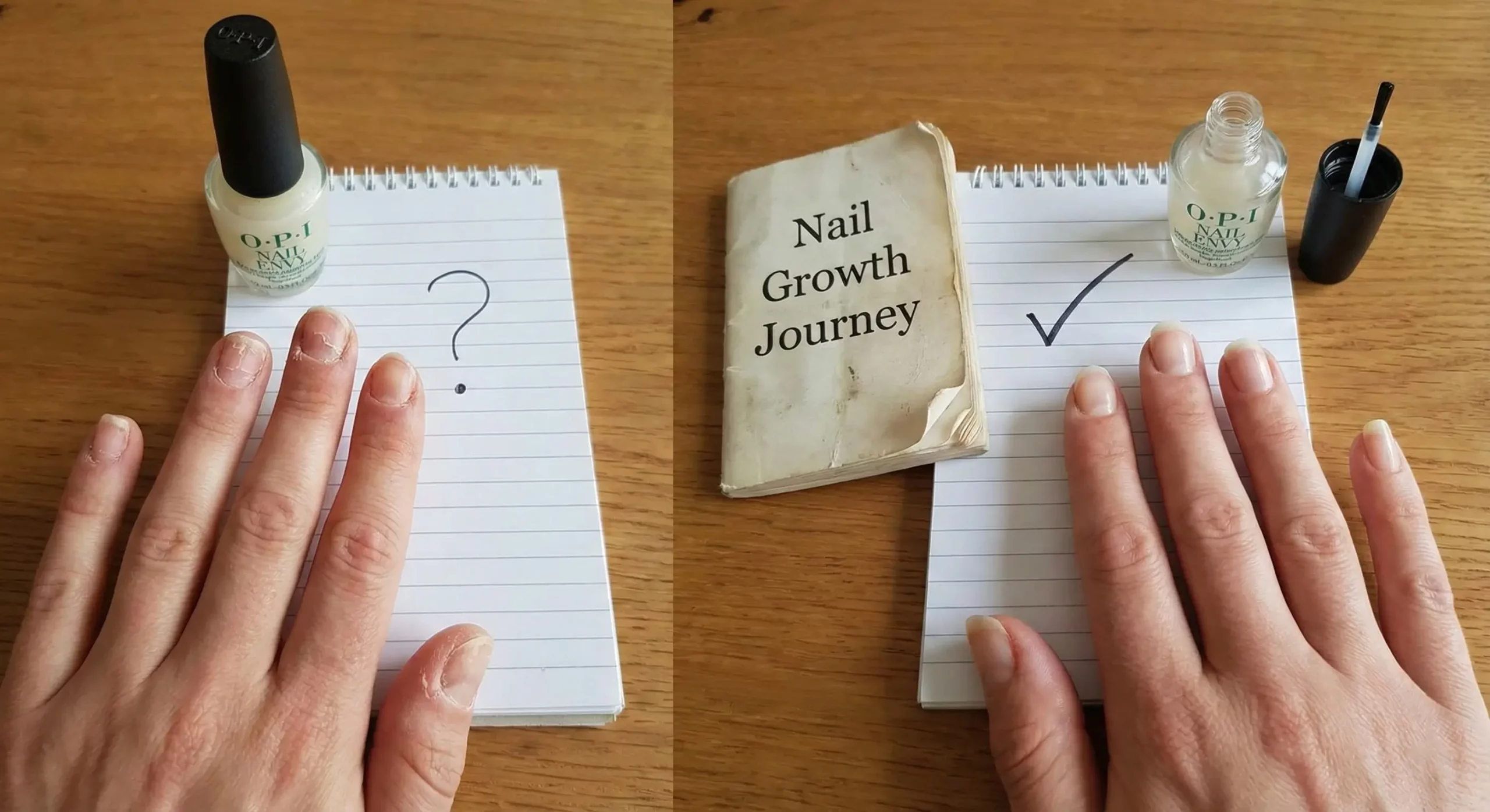 A close-up of a woman applying OPI Nail Envy strengthener to treat weak, brittle nails