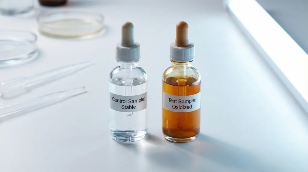 Oxidized vs Fresh Vitamin C Serum Droppers Side by Side