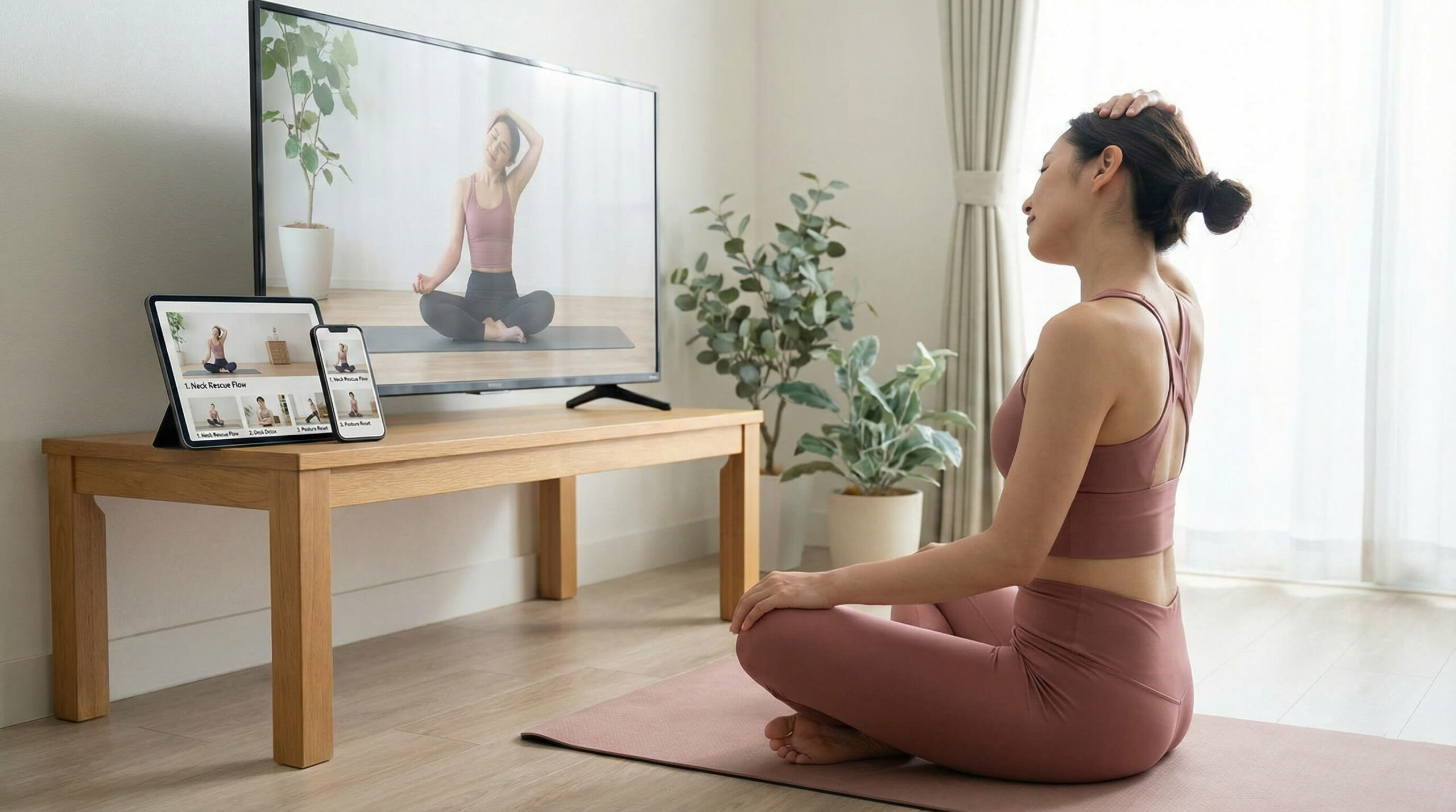 focused woman in sage green activewear gently stretching her neck to relieve tension while following an online yoga class on her laptop in a sunlit room with dusty rose accents.