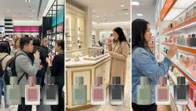 Split-screen comparison of shoppers testing perfume in busy versus peaceful retail environments, implying the experiences at Sephora, Nordstrom, and Ulta