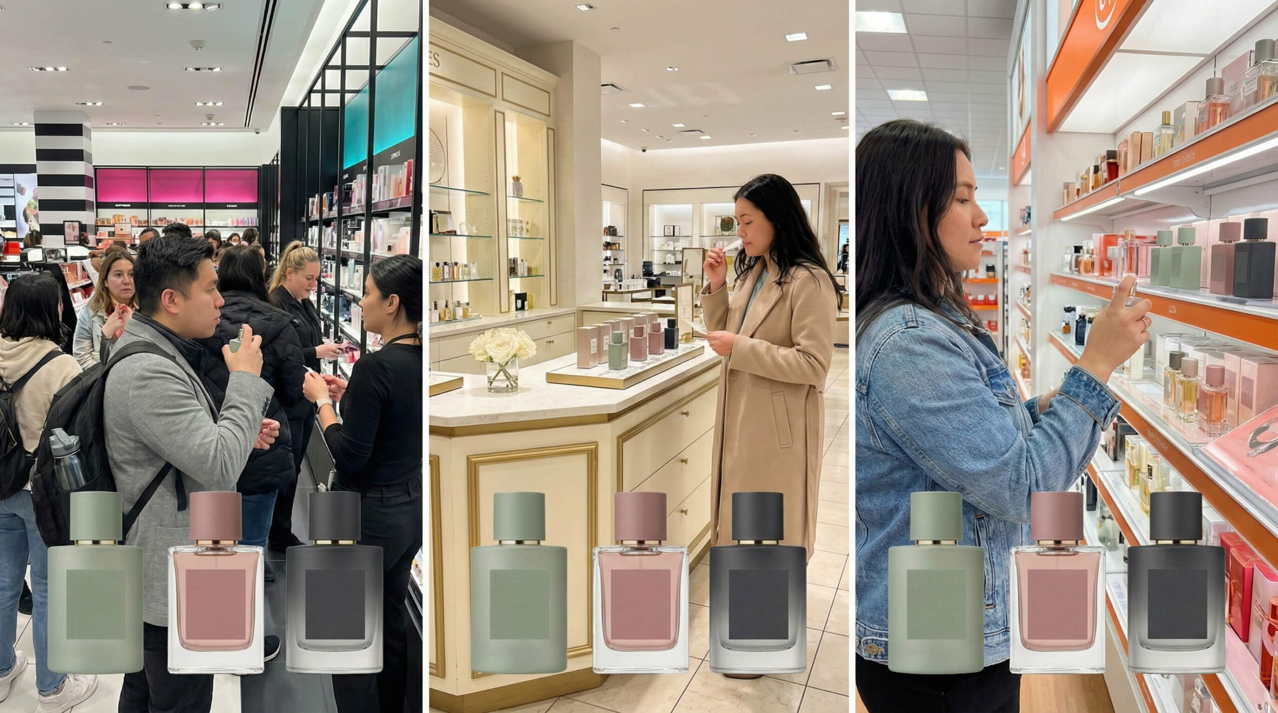 Split-screen comparison of shoppers testing perfume in busy versus peaceful retail environments, implying the experiences at Sephora, Nordstrom, and Ulta
