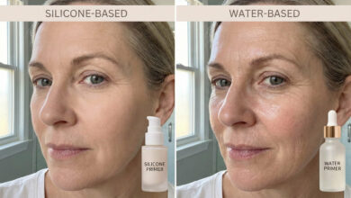 A split-screen comparison photo showing the visual effect of a silicone-based primer smoothing wrinkles on mature skin versus a water-based primer providing a hydrated look with more visible skin texture.