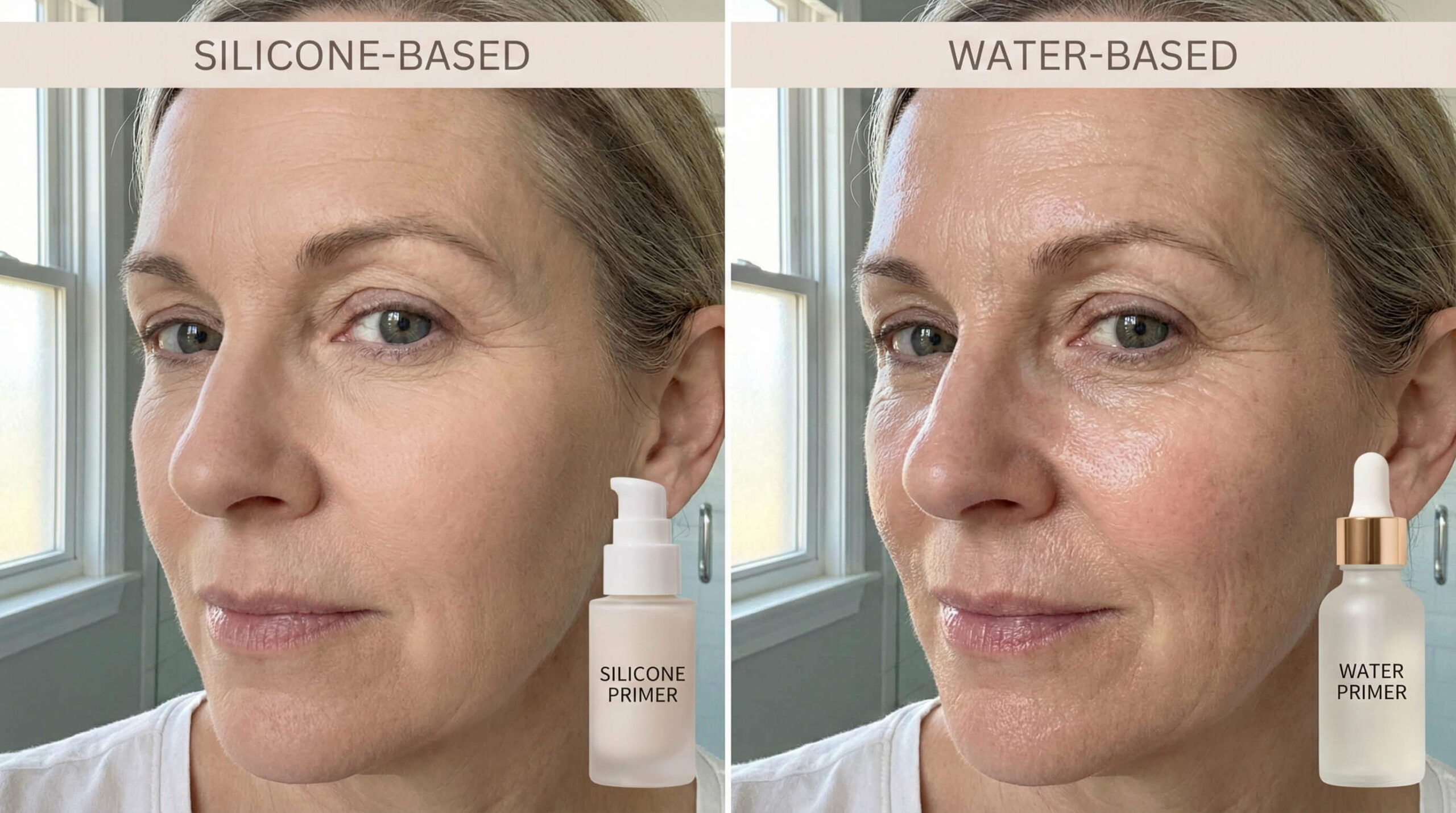 A split-screen comparison photo showing the visual effect of a silicone-based primer smoothing wrinkles on mature skin versus a water-based primer providing a hydrated look with more visible skin texture.