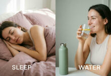 A split-panel photograph comparing a woman sleeping in dusty rose bedding versus drinking water next to a sage green bottle