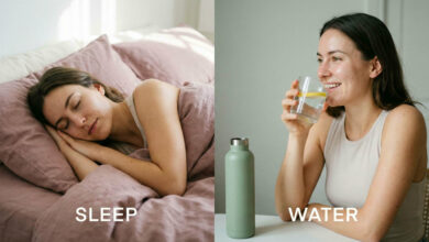 A split-panel photograph comparing a woman sleeping in dusty rose bedding versus drinking water next to a sage green bottle