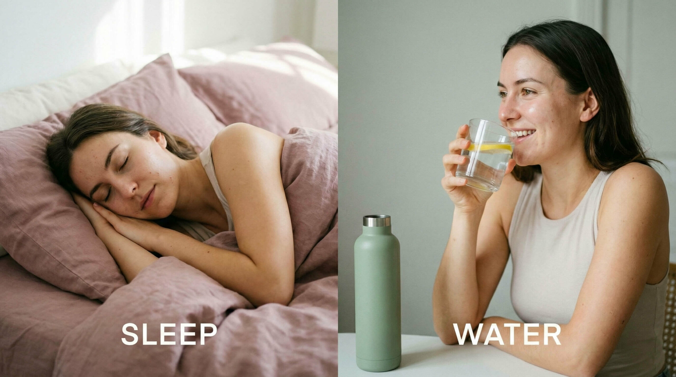 A split-panel photograph comparing a woman sleeping in dusty rose bedding versus drinking water next to a sage green bottle