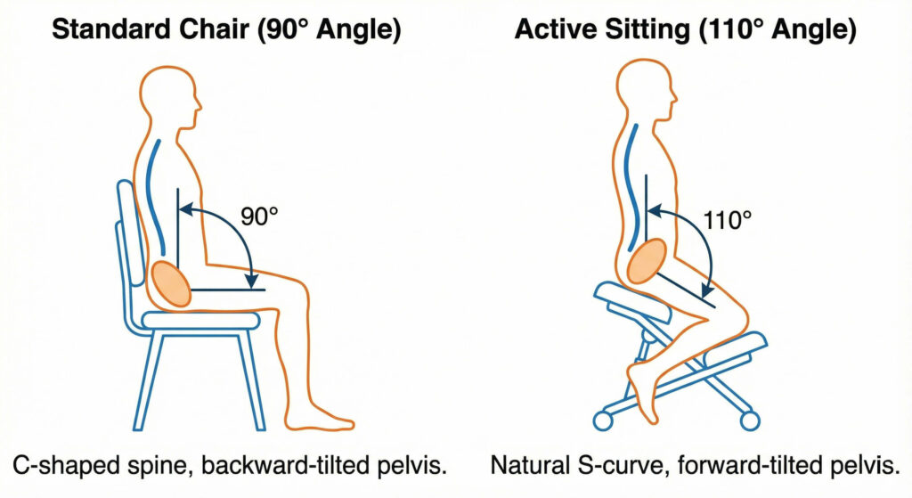 Standard Chair (90° Angle) vs. Active Sitting (110° Angle).