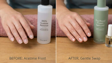 A close-up photorealistic shot of a woman concernedly examining her peeling fingernails next to a bottle of acetone-free nail polish remover