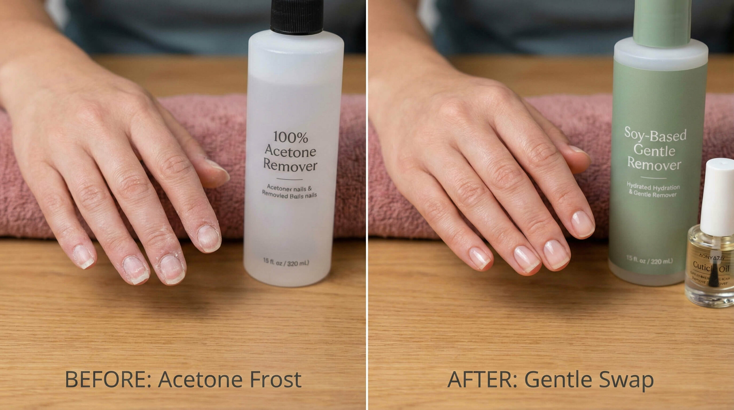 A close-up photorealistic shot of a woman concernedly examining her peeling fingernails next to a bottle of acetone-free nail polish remover