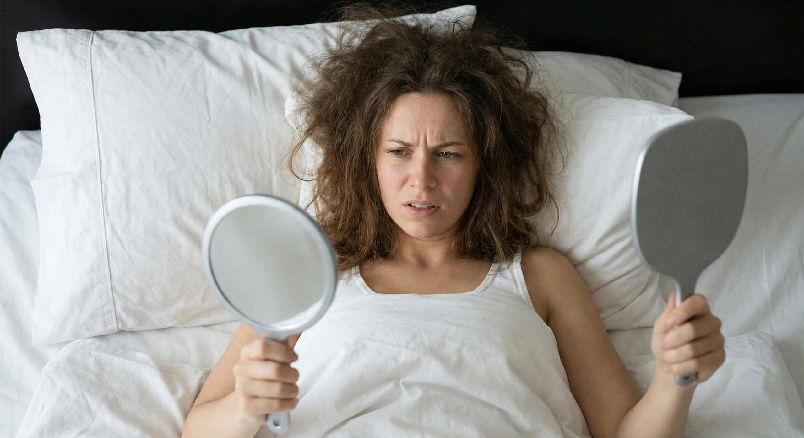 A frustrated woman looking at her messy, frizzy hair in a mirror after waking up