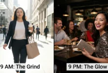 Split-screen photo showing a woman's day-to-night transformation from professional business attire to evening wear