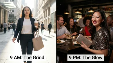 Split-screen photo showing a woman's day-to-night transformation from professional business attire to evening wear